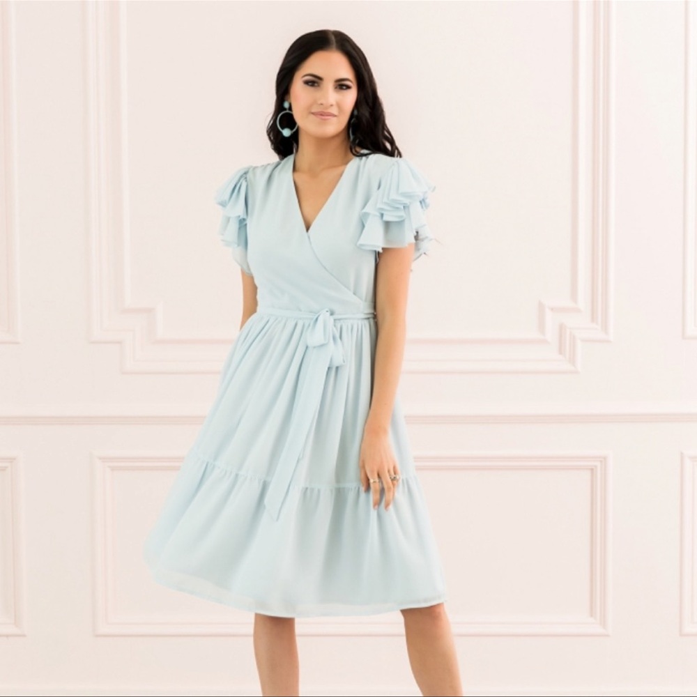 Rachel Parcell Light Blue Ruffle Sleeve Wrap Dress